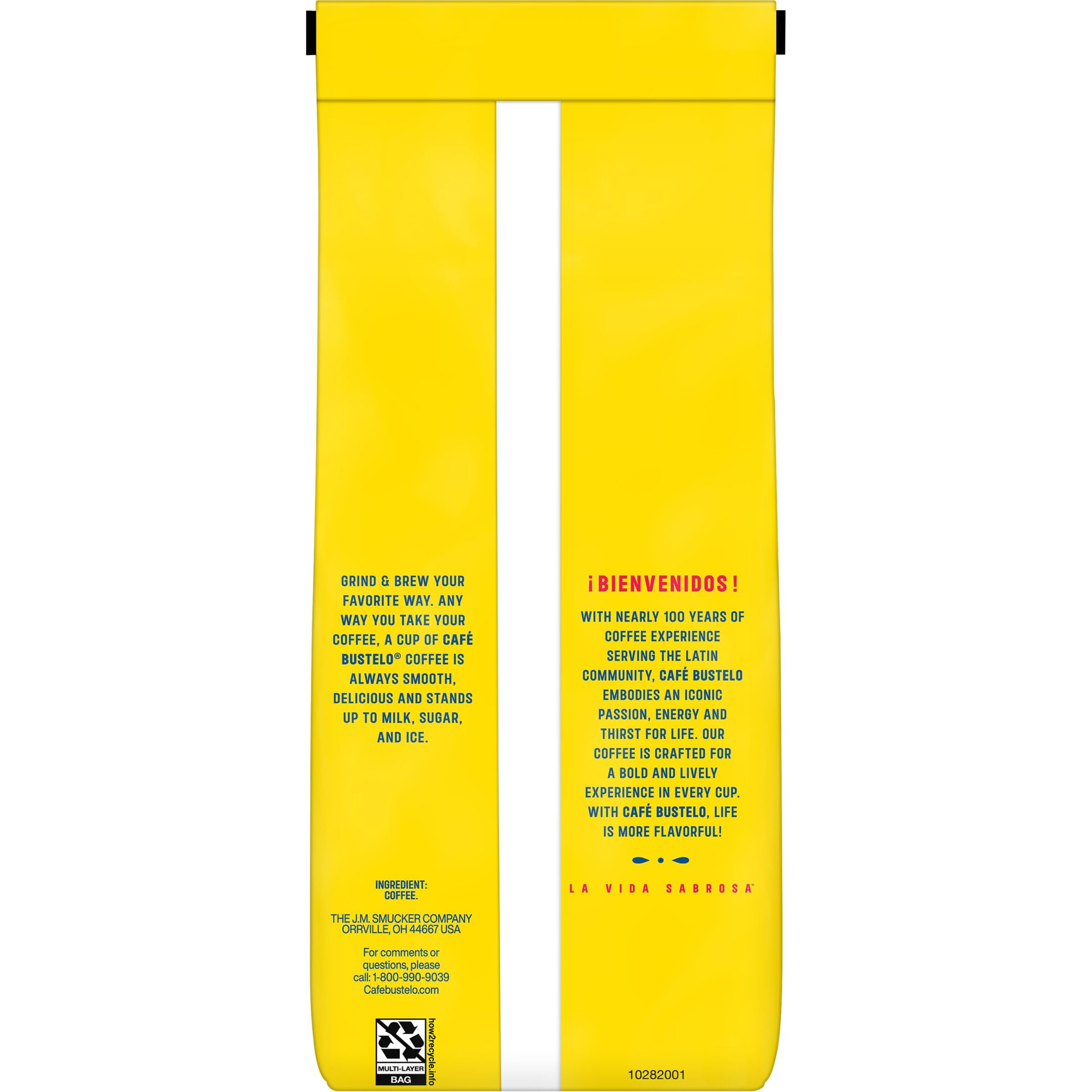 Cafe Bustelo bags beside a mug to show 10 oz bag scale and household portioning
