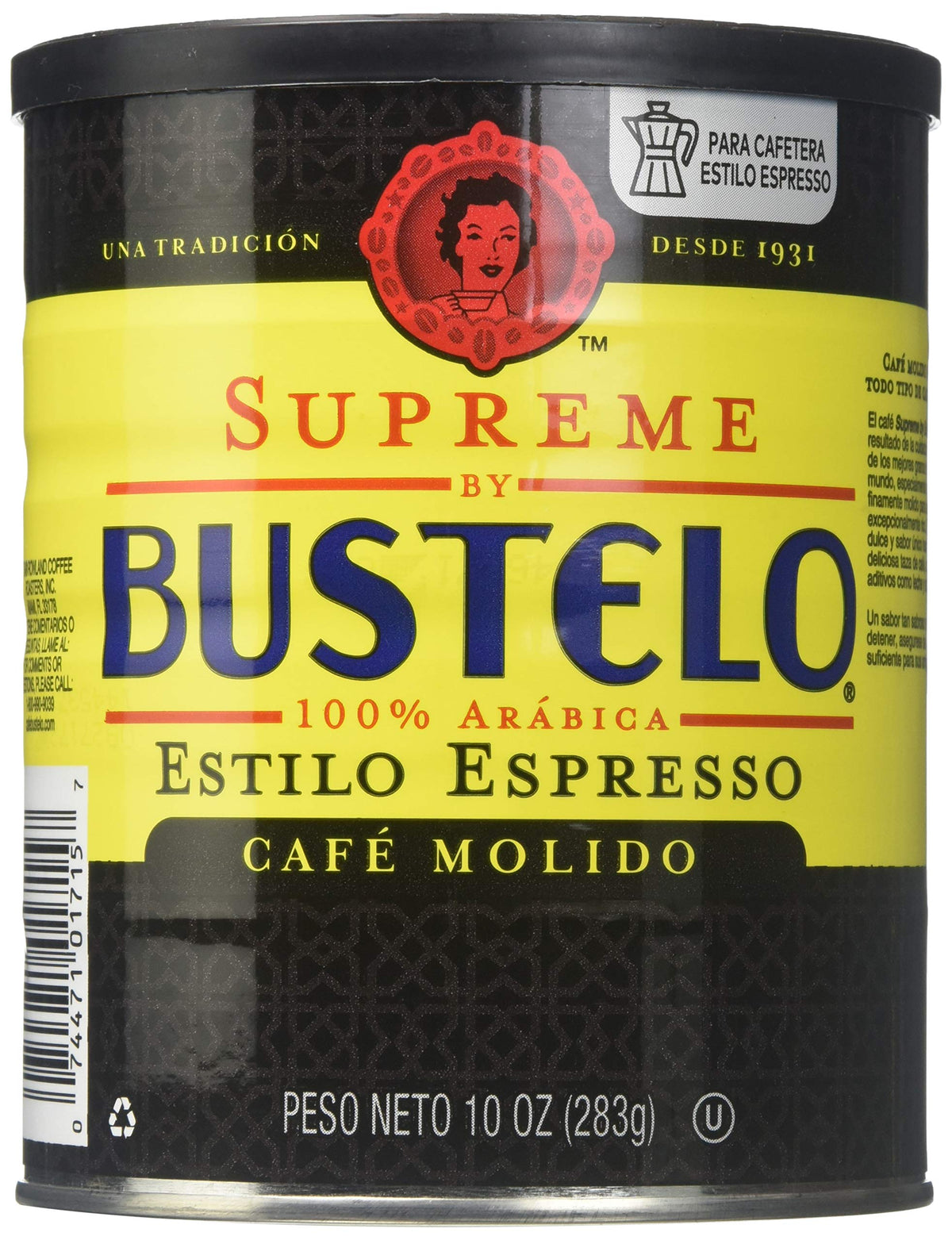 Cafe Bustelo Supreme front can showing label and size for quick identification and convenience