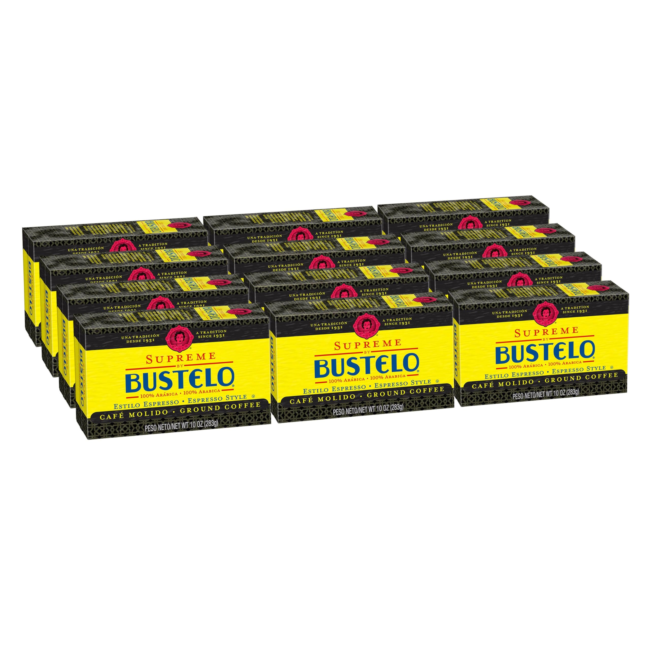Cafe Bustelo front packaging showing bold label and 12-brick stack benefit convenience