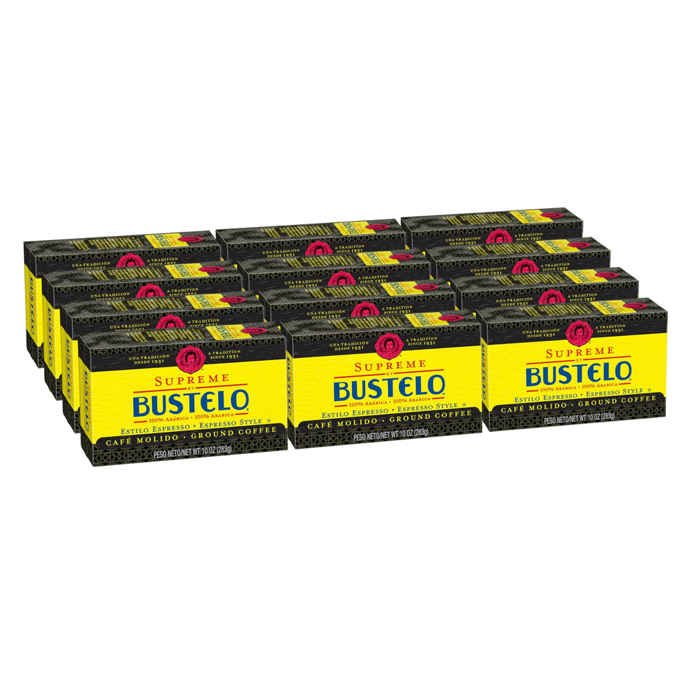 Cafe Bustelo front packaging showing bold label and 12-brick stack benefit convenience