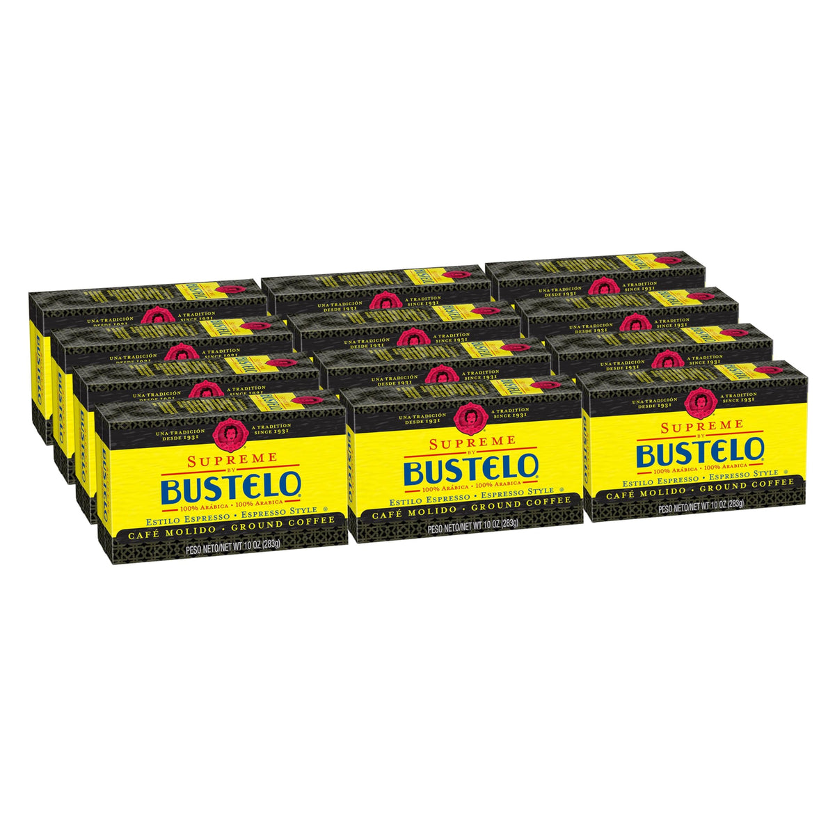 Cafe Bustelo front packaging showing bold label and 12-brick stack benefit convenience