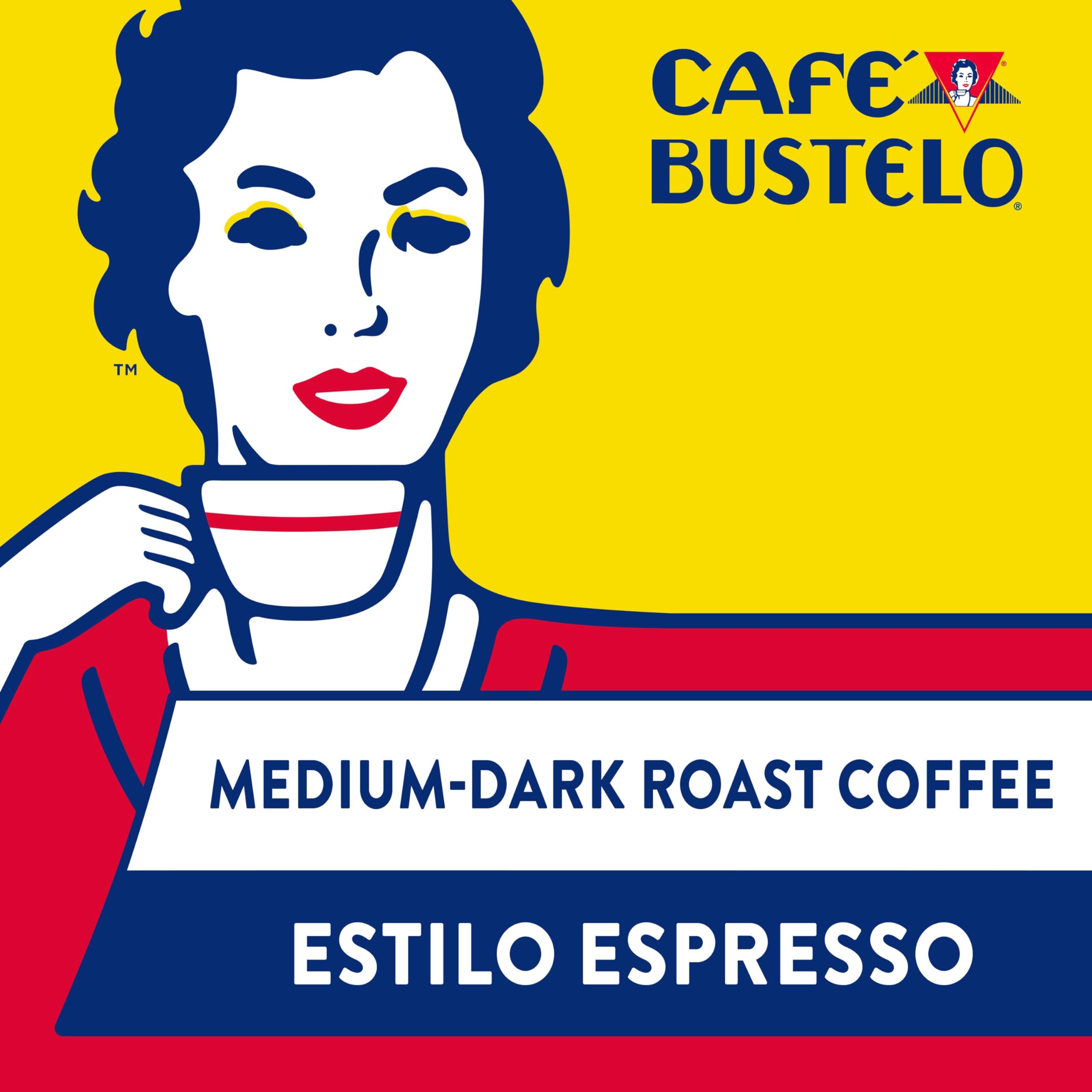 Cafe Bustelo 10 oz brick next to a measuring cup showing compact pantry-friendly size