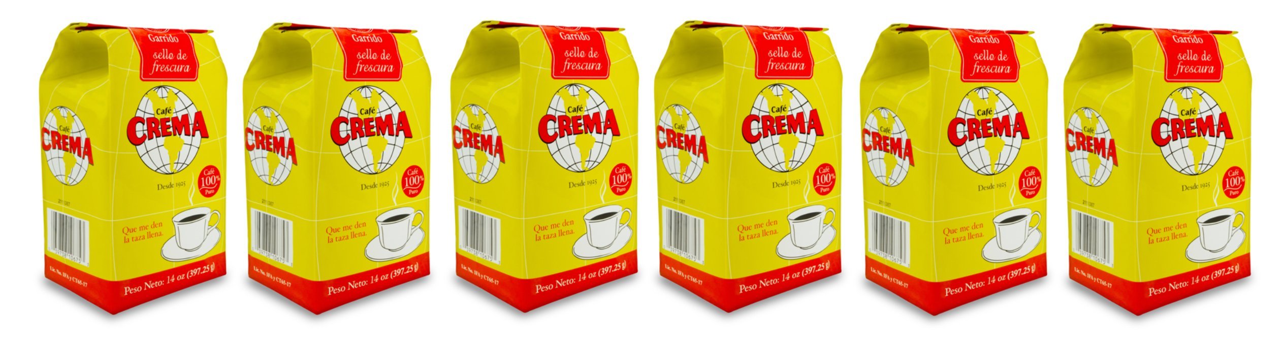 Cafe Crema front packaging showing six 14 oz bags and branding benefits