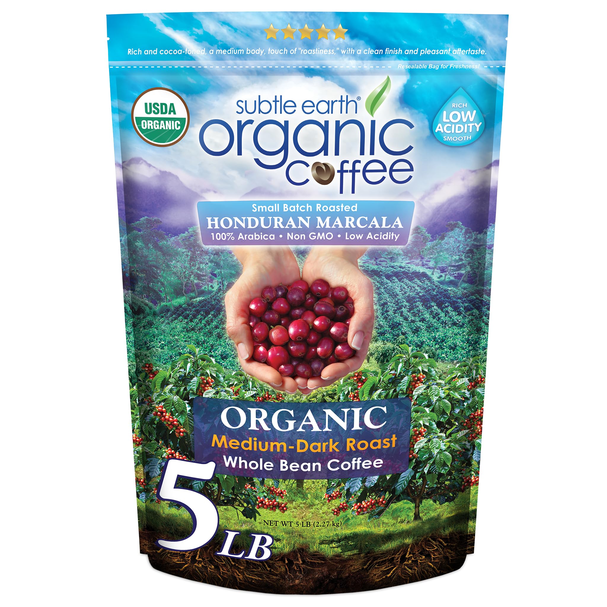 Cafe Don Pablo front packaging showing 5lb bag and label benefits