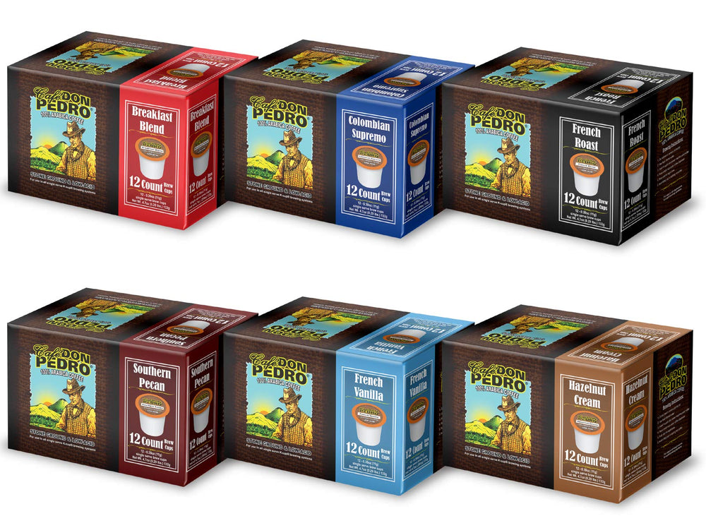 Cafe Don Pedro front packaging showing variety pack and gentle flavor benefits