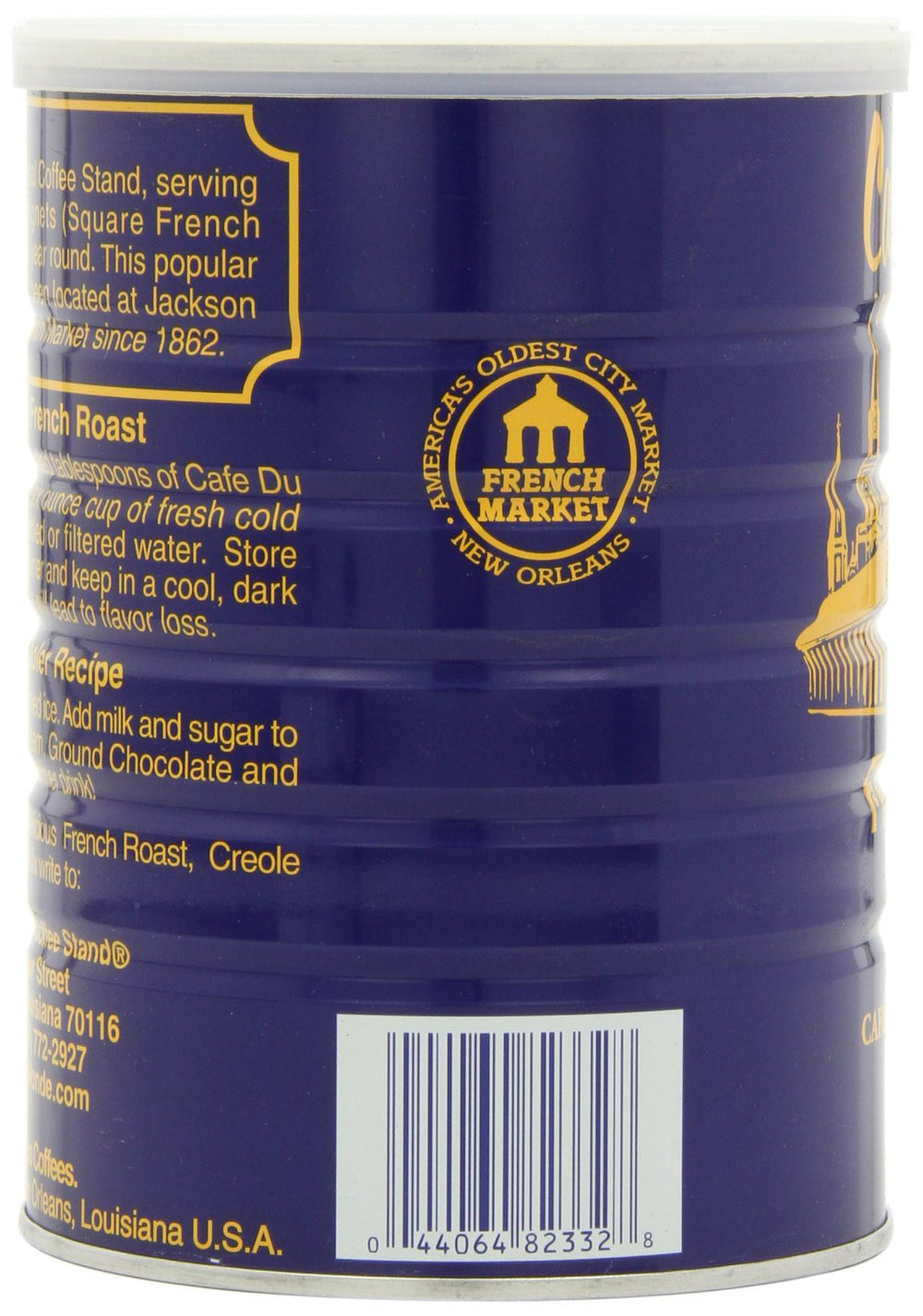Three 13 oz Cafe Du Monde cans next to a coffee mug showing scale and pack quantity