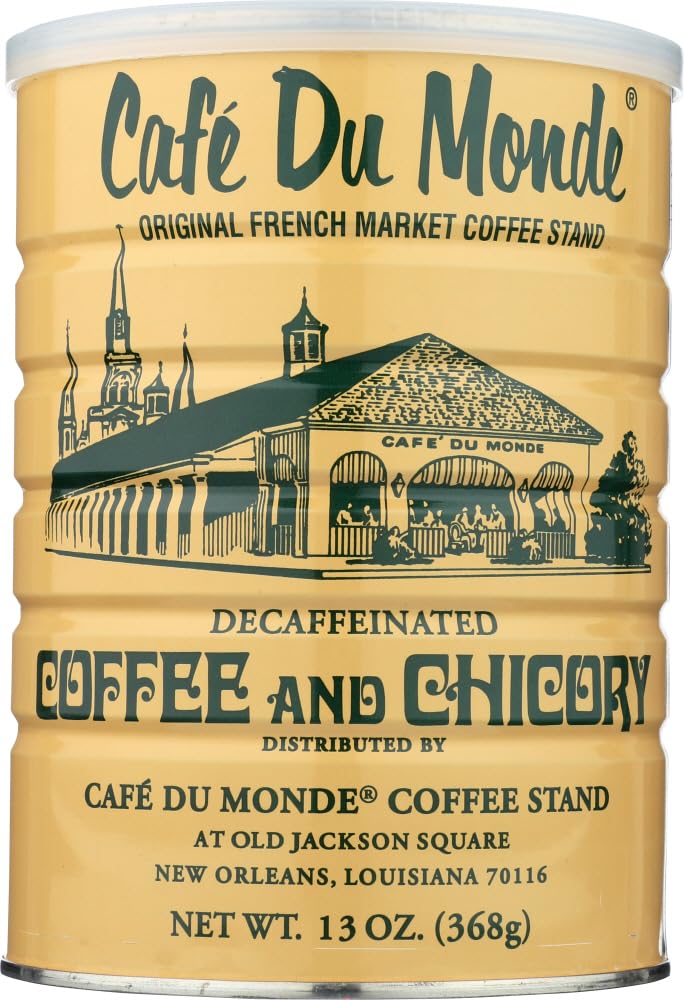Cafe Du Monde tin front label showing decaf chicory and easy storage benefits
