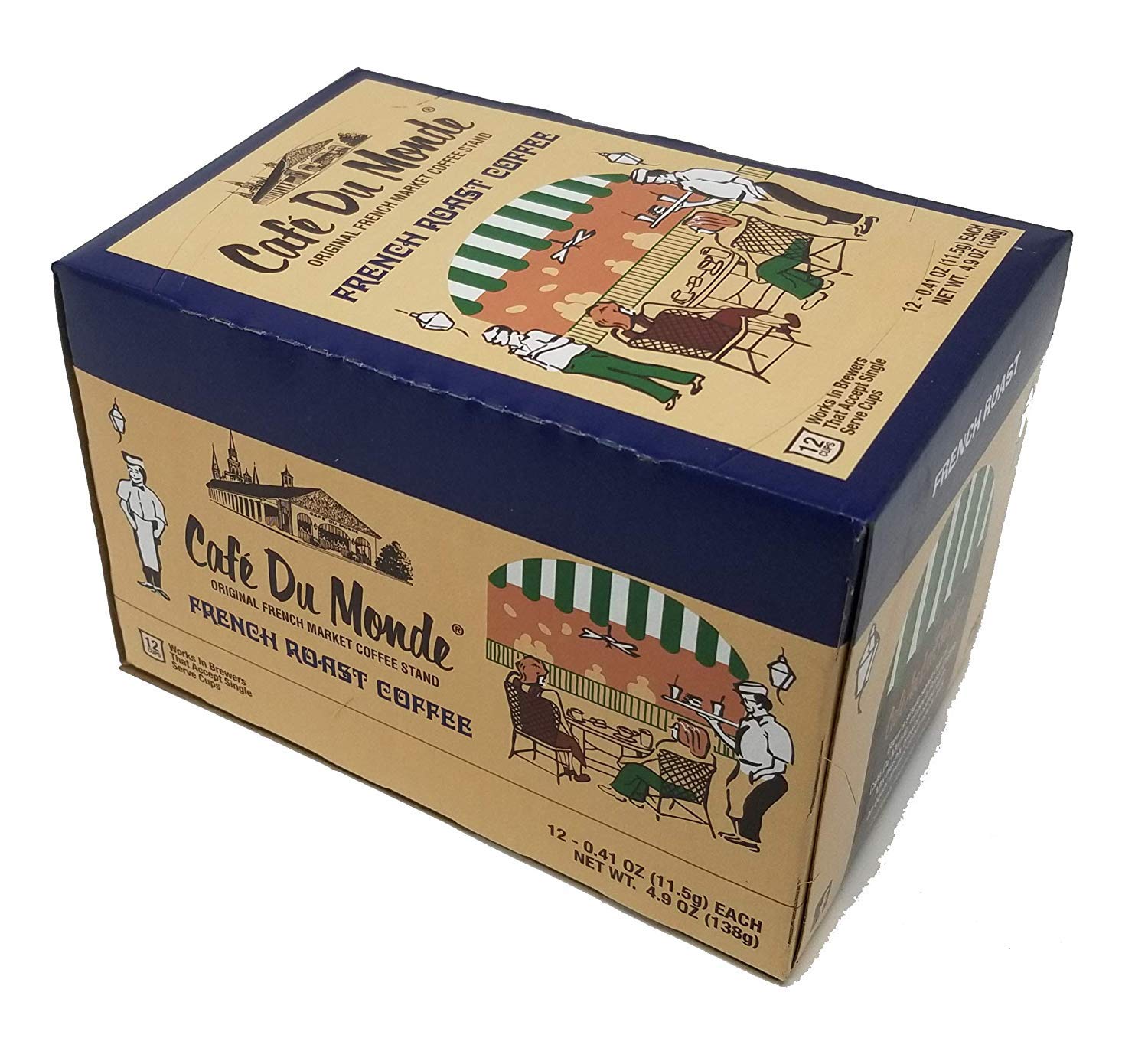 Cafe Du Monde front packaging showing 12-count box and quick brewing convenience