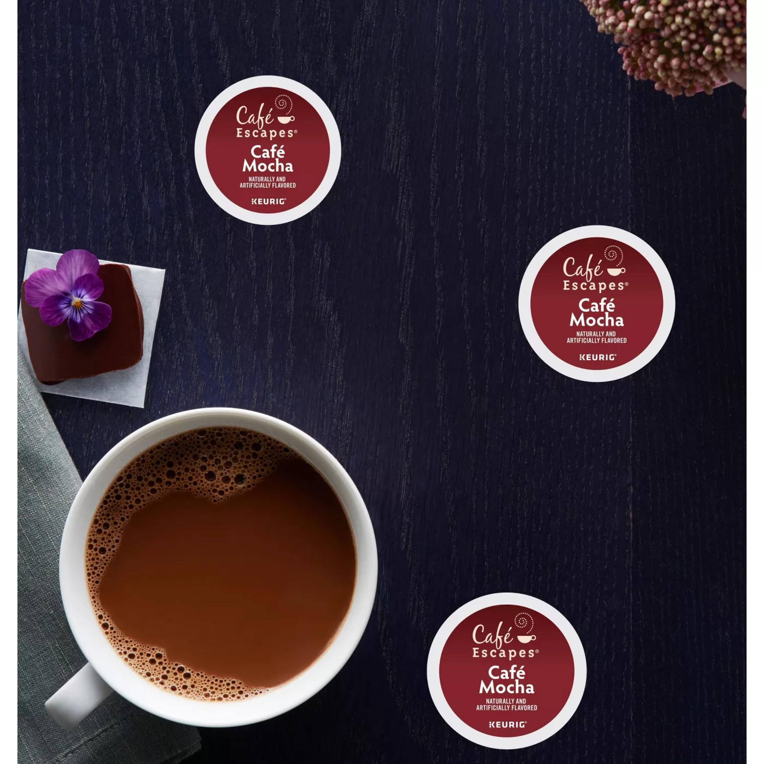 Café Escapes close-up of K-Cup pod foil top highlighting pod detail and convenience