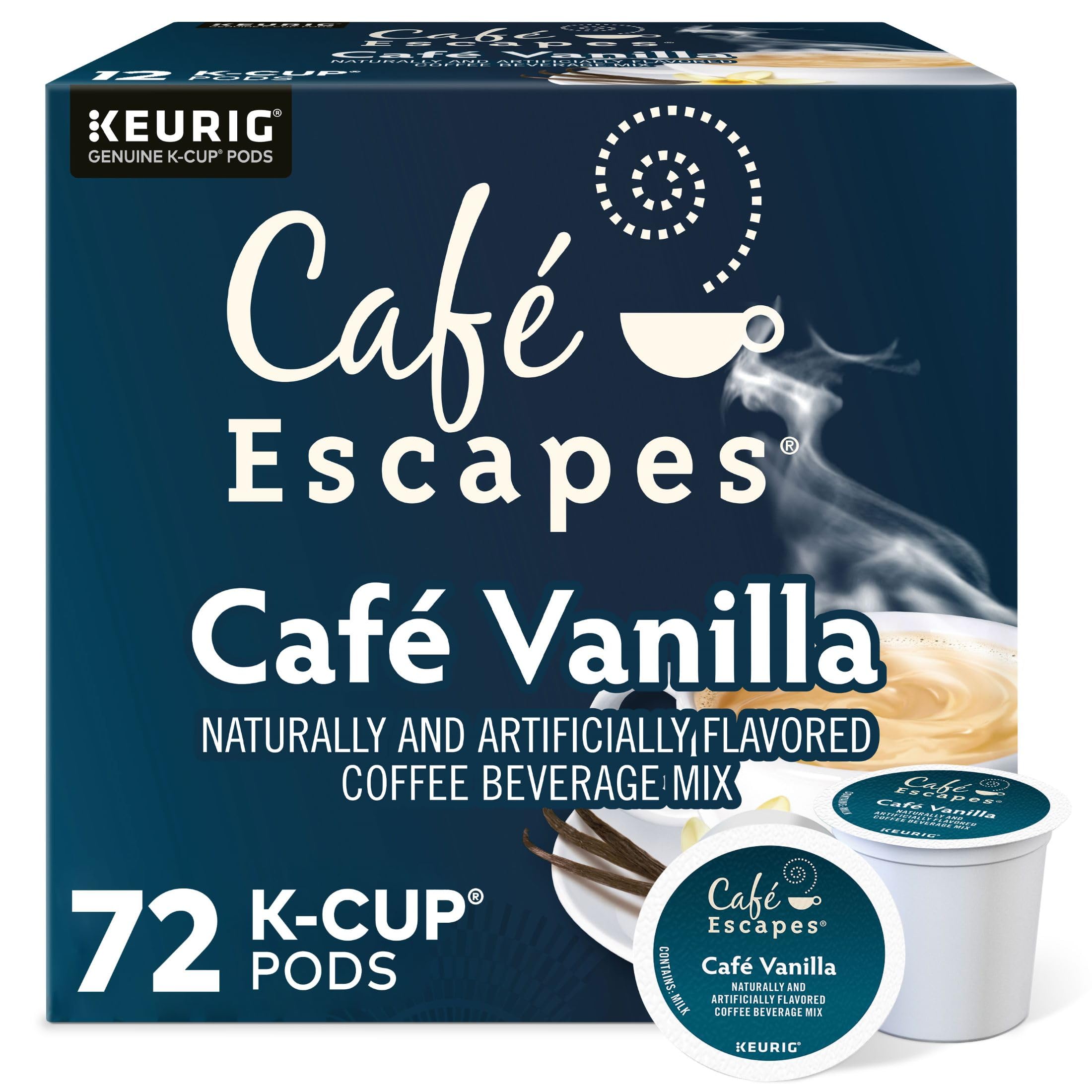 Café Escapes front packaging showing 72-count pods and flavor for pantry convenience