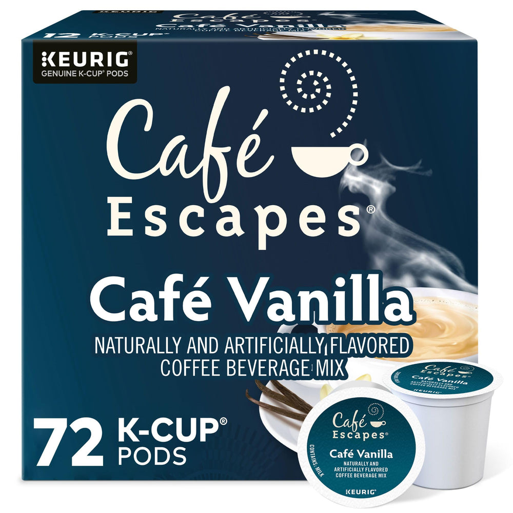 Café Escapes front packaging showing 72-count pods and flavor for pantry convenience