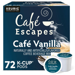 Café Escapes front packaging showing 72-count pods and flavor for pantry convenience
