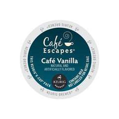 Café Escapes front packaging of Cafe Vanilla K-Cups showing 96-count for convenient supply