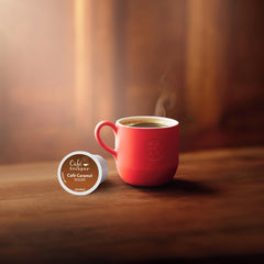 Freshly brewed Café Escapes Café Caramel cup with creamy caramel color and aroma