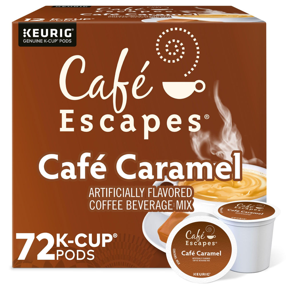 Café Escapes front box showing 72-count pods and caramel flavor benefit