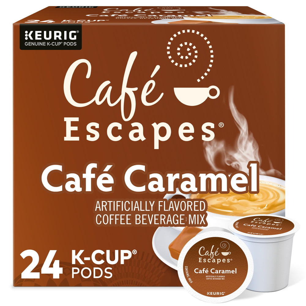 Café Escapes front packaging showing 24-count caramel K-Cup pods and convenience