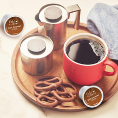Café Escapes poured caramel coffee in mug illustrating creamy enjoyment