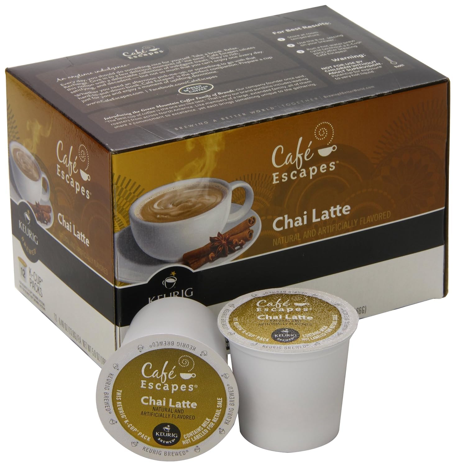 Café Escapes K-Cup top view with label, clearly identifies flavor and brand