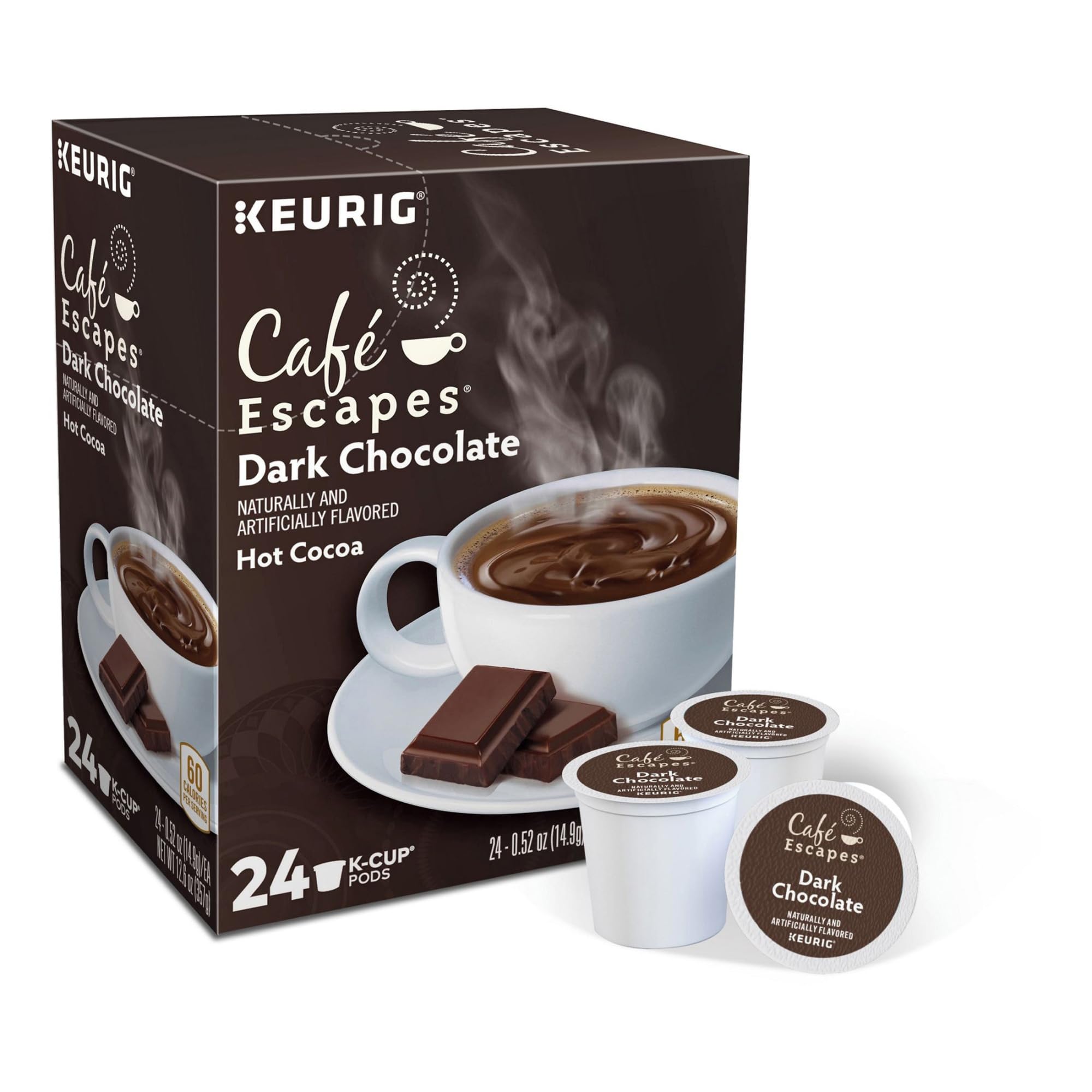 Café Escapes K-Cup brewed into mug highlighting smooth dark chocolate texture and instant enjoyment