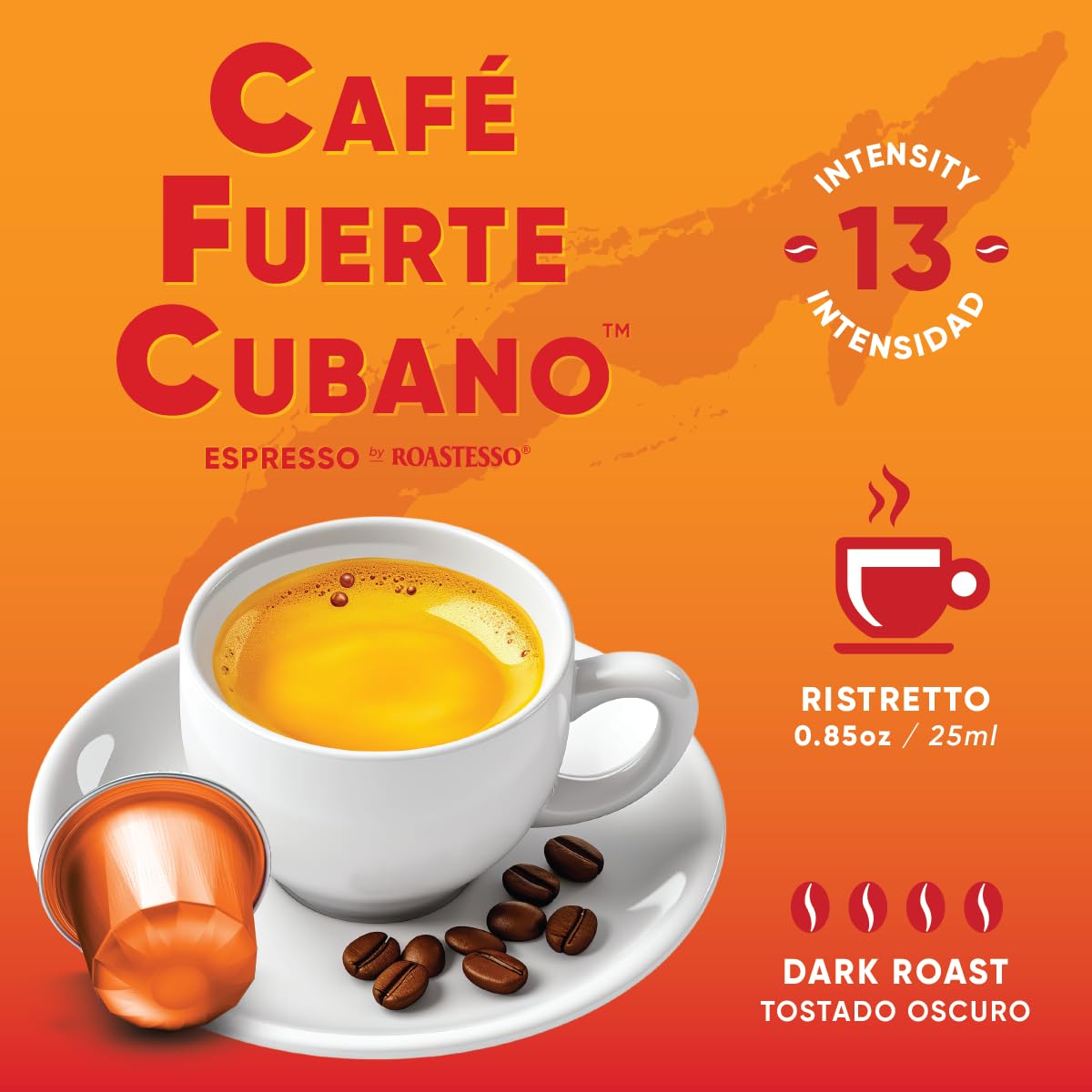 Café Fuerte Cubano espresso shot with crema showing rich flavor appeal