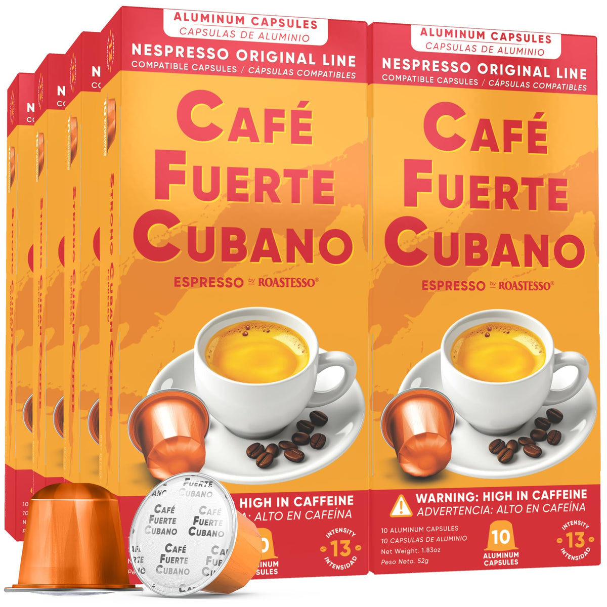 Café Fuerte Cubano front box view showing bold branding and pod count benefit