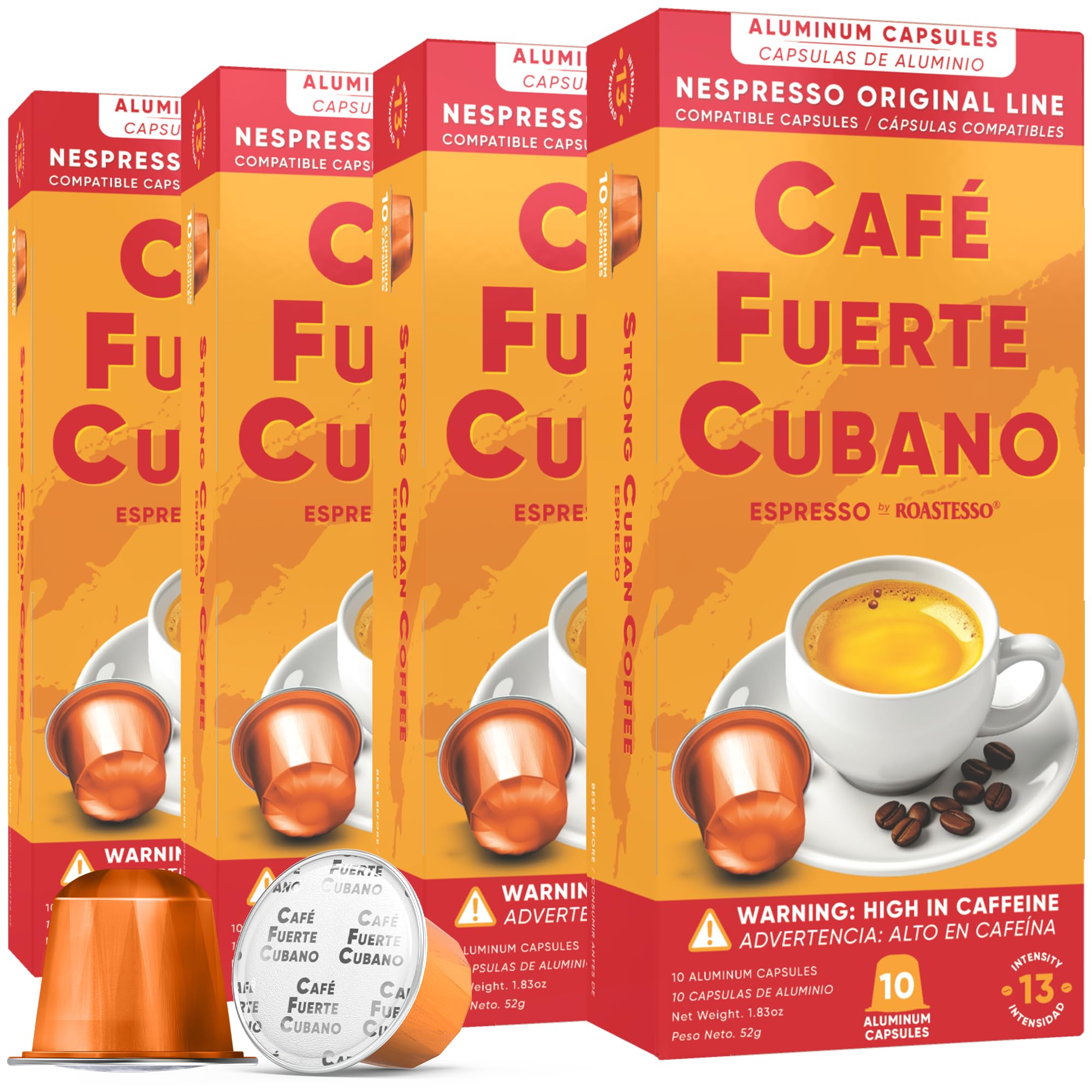 Café Fuerte Cubano front packaging showing bold roast and 40 count benefit
