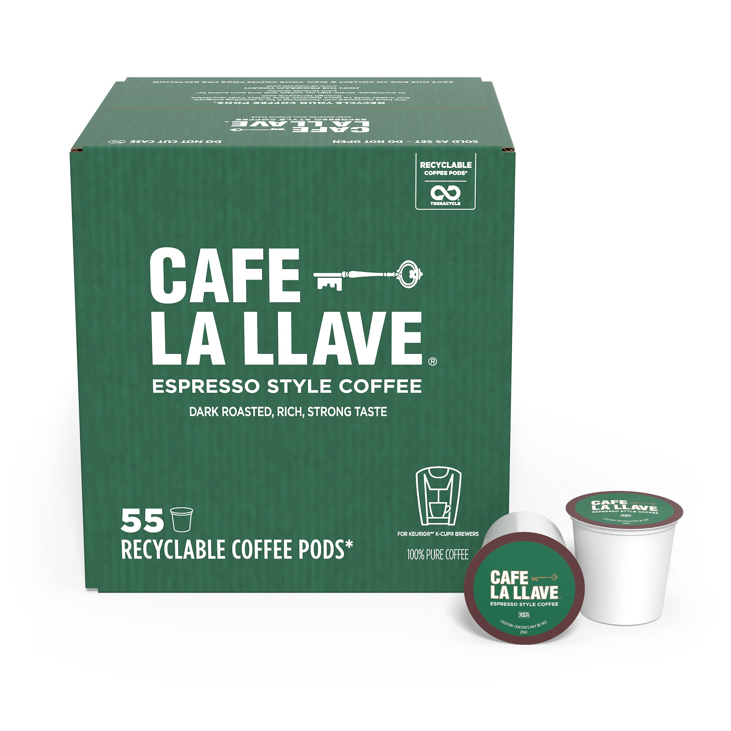 Café La Llave front box showing 55-count pods and bold packaging benefit convenience