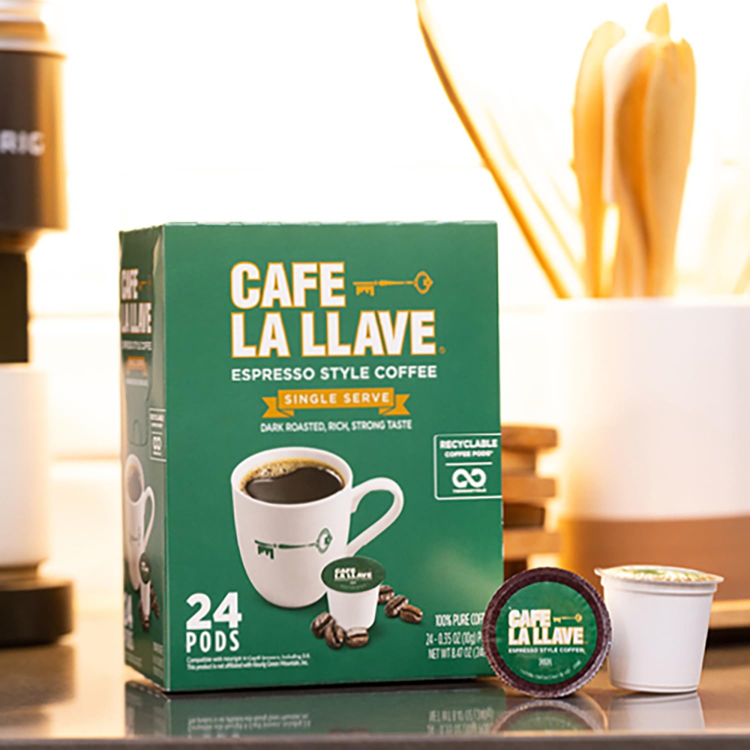 Cafe La Llave packaging label detail showing family-roasted heritage and certifications