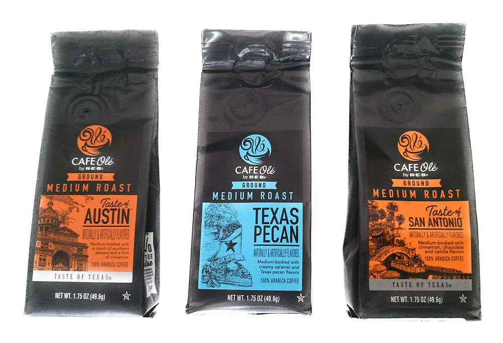 Cafe Ole front packaging showing Texas Pecan sampler and label benefits