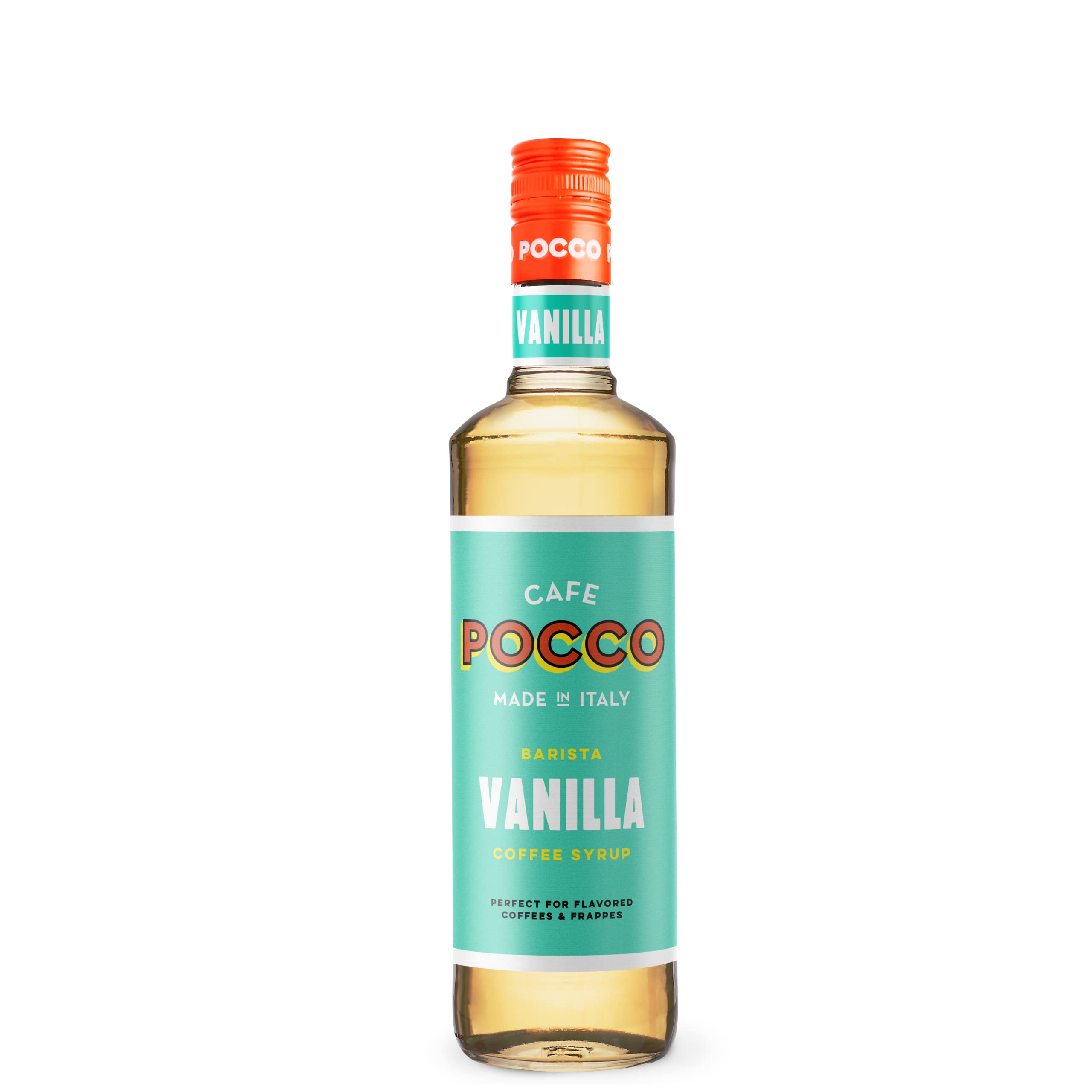 Cafe Pocco front bottle view showing premium glass and vanilla flavor benefit