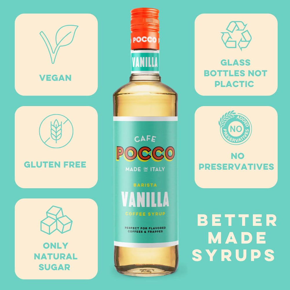 Cafe Pocco label close-up highlighting origin and natural vanilla benefit