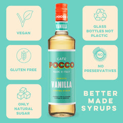 Cafe Pocco label close-up highlighting origin and natural vanilla benefit