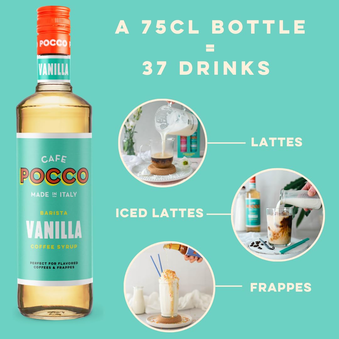Cafe Pocco syrup pouring from bottle to coffee, ensuring easy dosing benefit