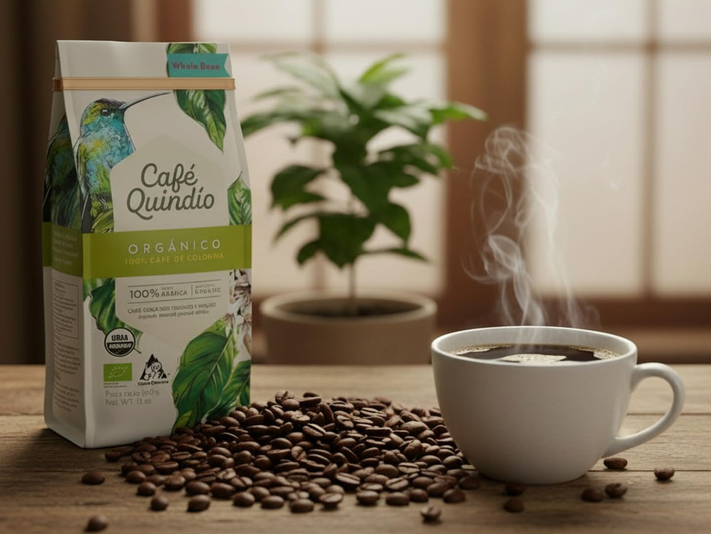 CAFE QUINDIO bag label detail showing USDA organic seal and origin