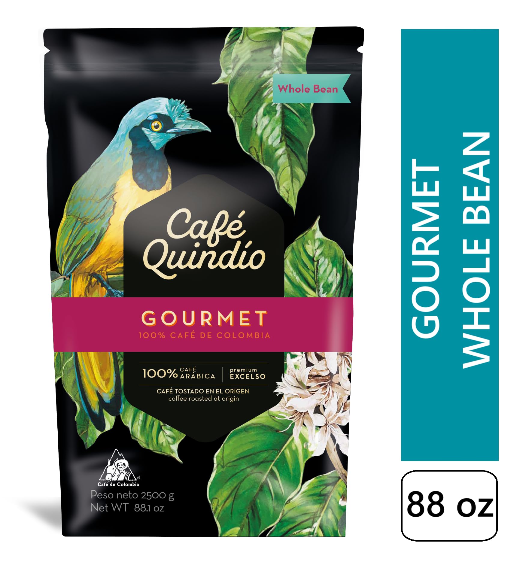CAFE QUINDIO bag opened beside grinder suggesting fresh brewing ease
