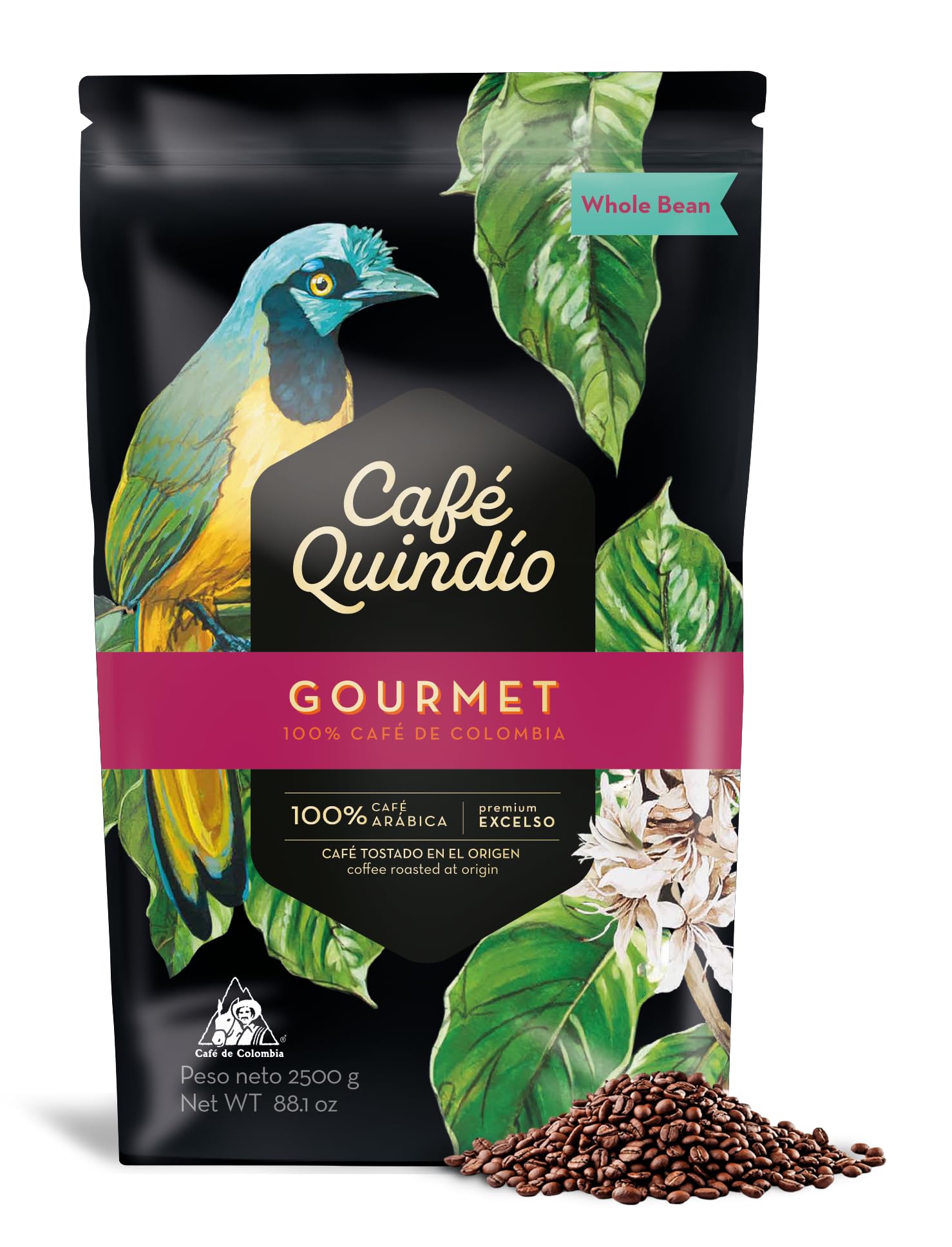 CAFE QUINDIO front packaging showing 88 oz bag and brand benefits