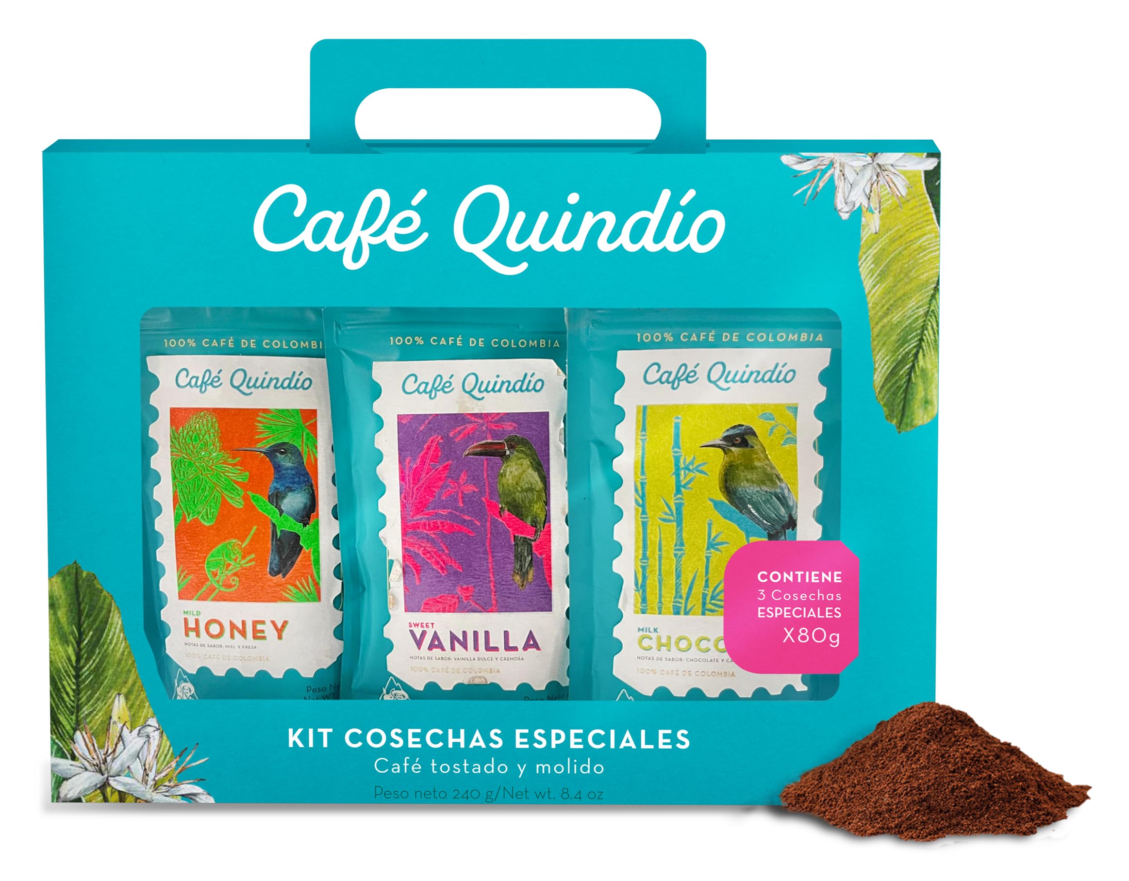 CAFE QUINDIO front packaging showing 3-pack and roast benefits