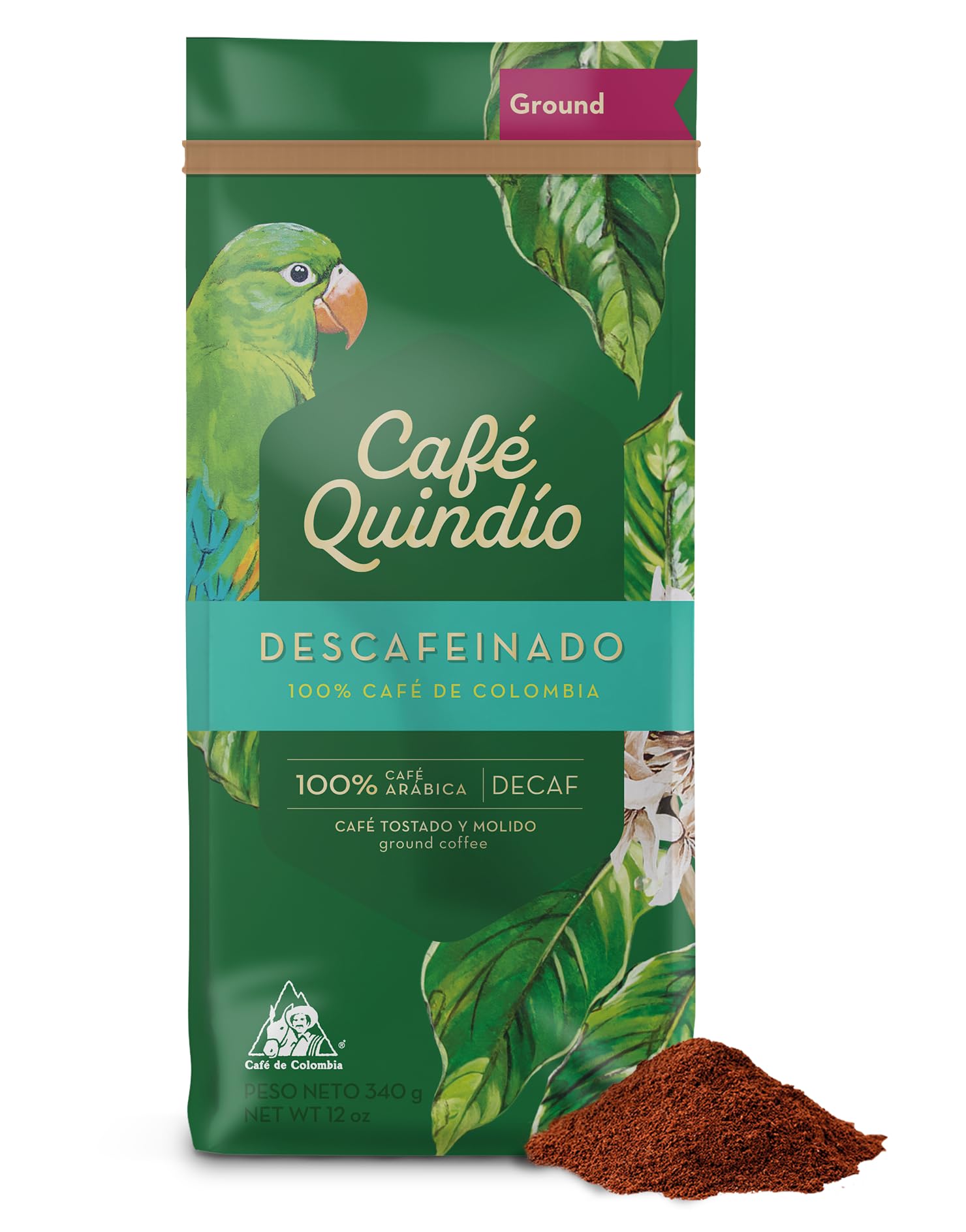 CAFE QUINDIO front packaging showing brand and benefit of smooth decaf
