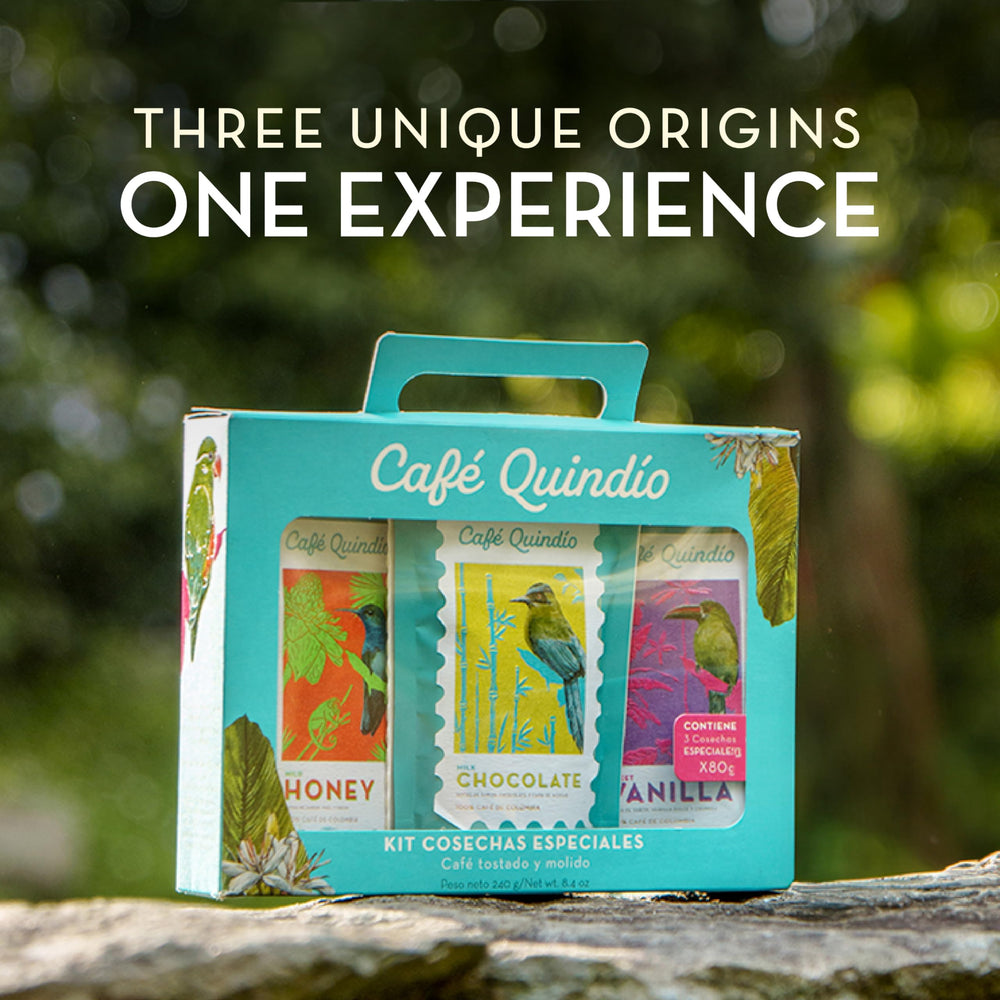 CAFE QUINDIO bag beside scale demonstrating small-pack portion control
