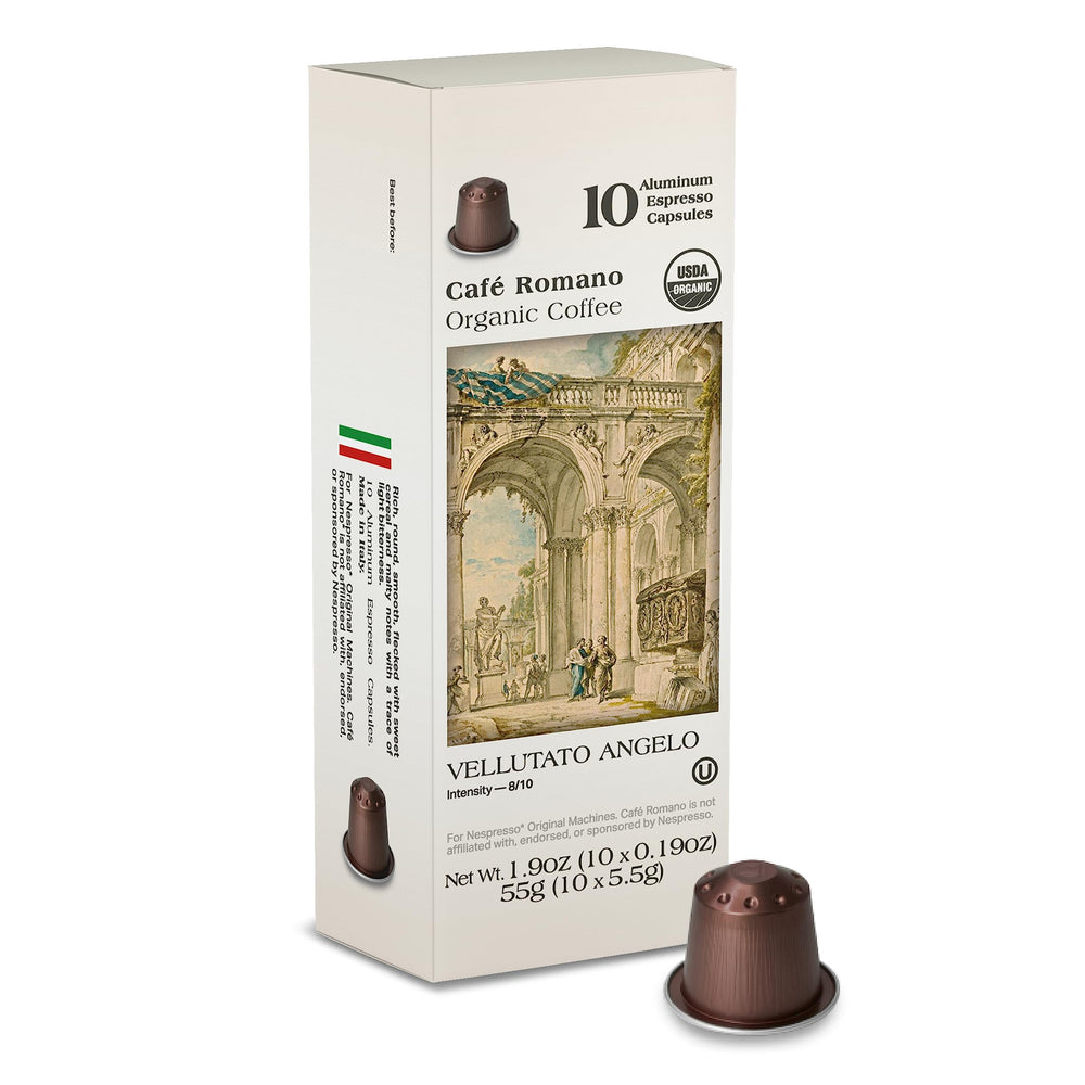 Café Romano front-pack showing 100 aluminum espresso pods and organic label benefit