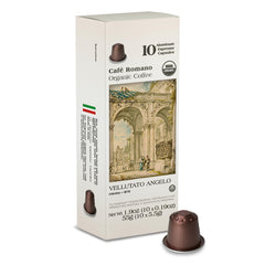 Café Romano front-pack showing 100 aluminum espresso pods and organic label benefit