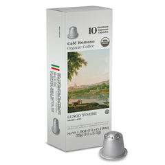 Café Romano front packaging 100-pack showing brand and organic label, convenient supply