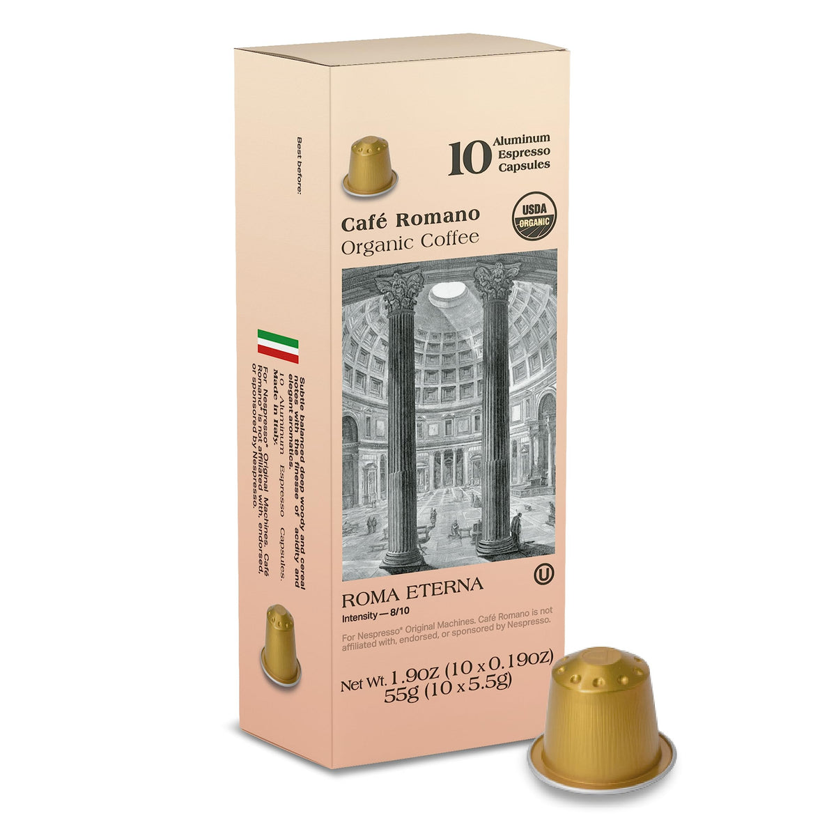 Café Romano front packaging showing 100-pack and organic label, emphasizing convenience
