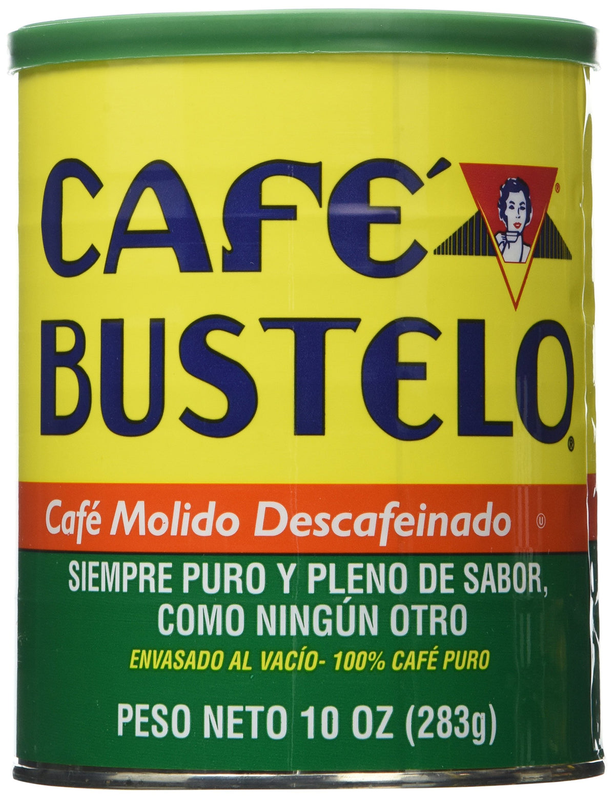 Cafe Bustelo decaf front can showing bold label and portable pantry-ready convenience