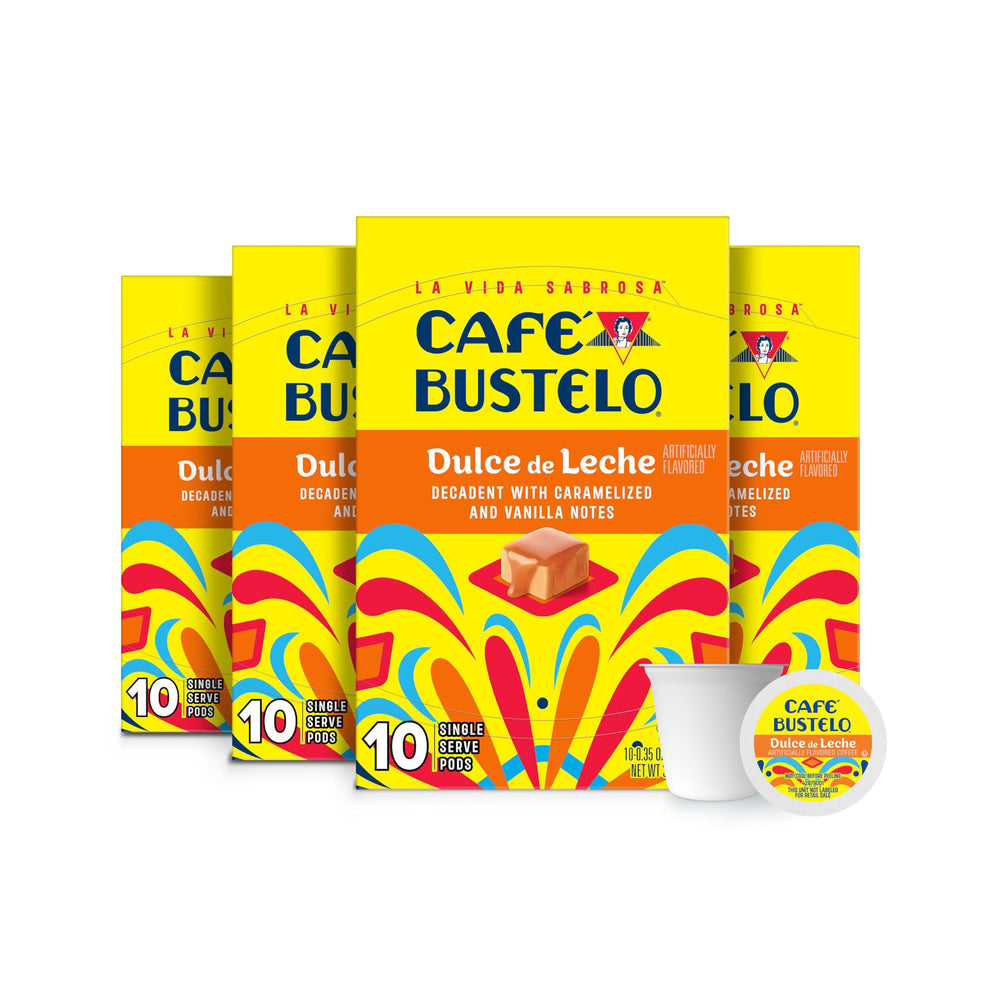 Cafe Bustelo front packaging showing six 10-count boxes and product benefit