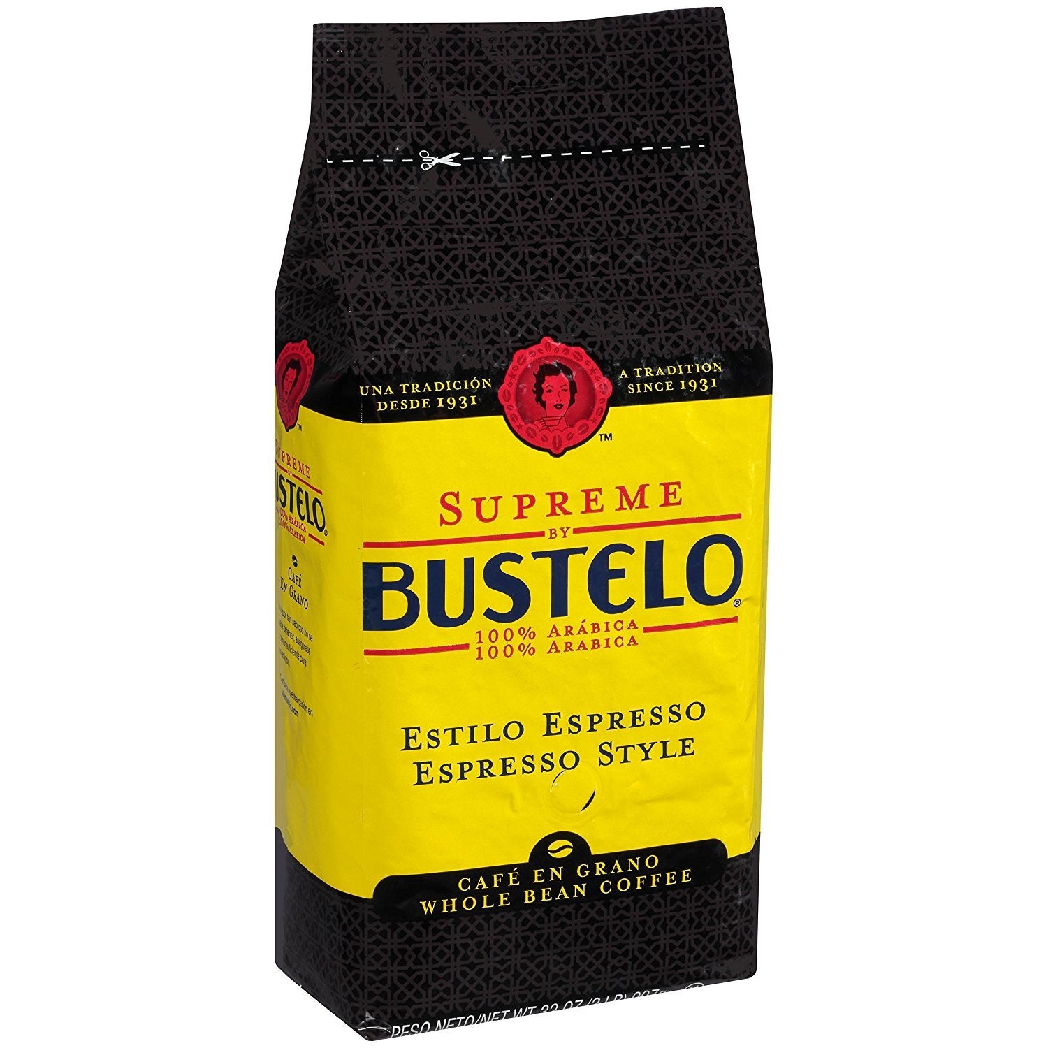 Cafe Bustelo Supreme whole beans close-up highlighting rich roast and aroma