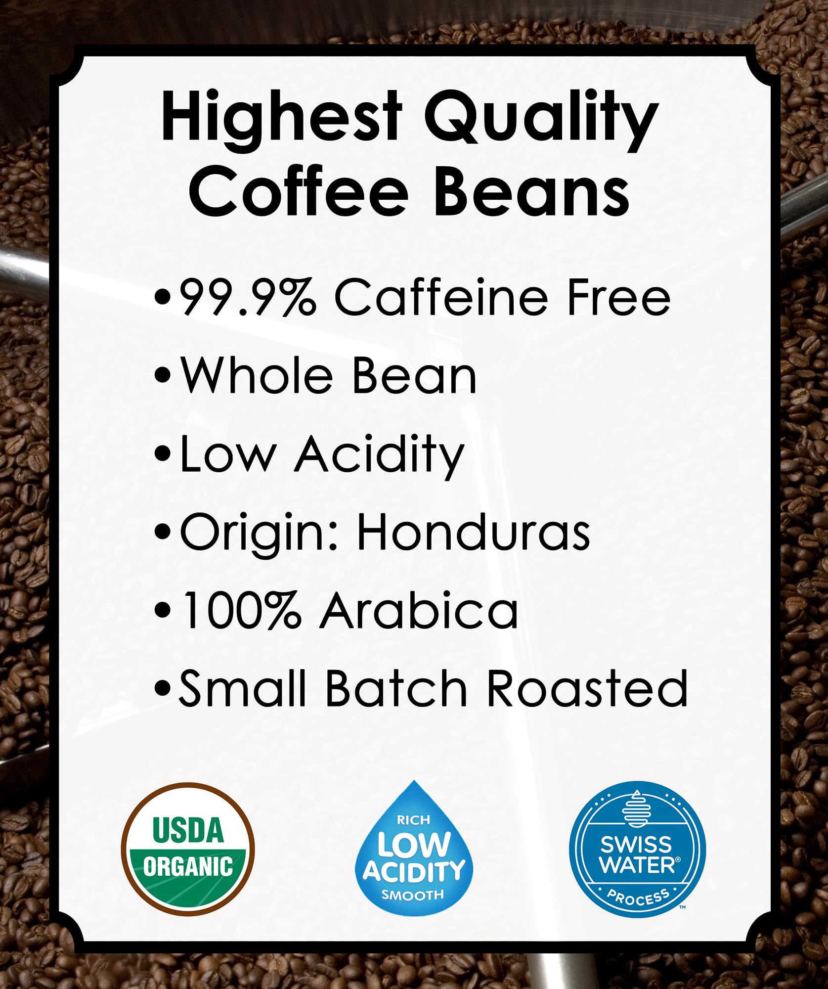 Cafe Don Pablo label close-up highlighting Swiss Water Process and organic certification