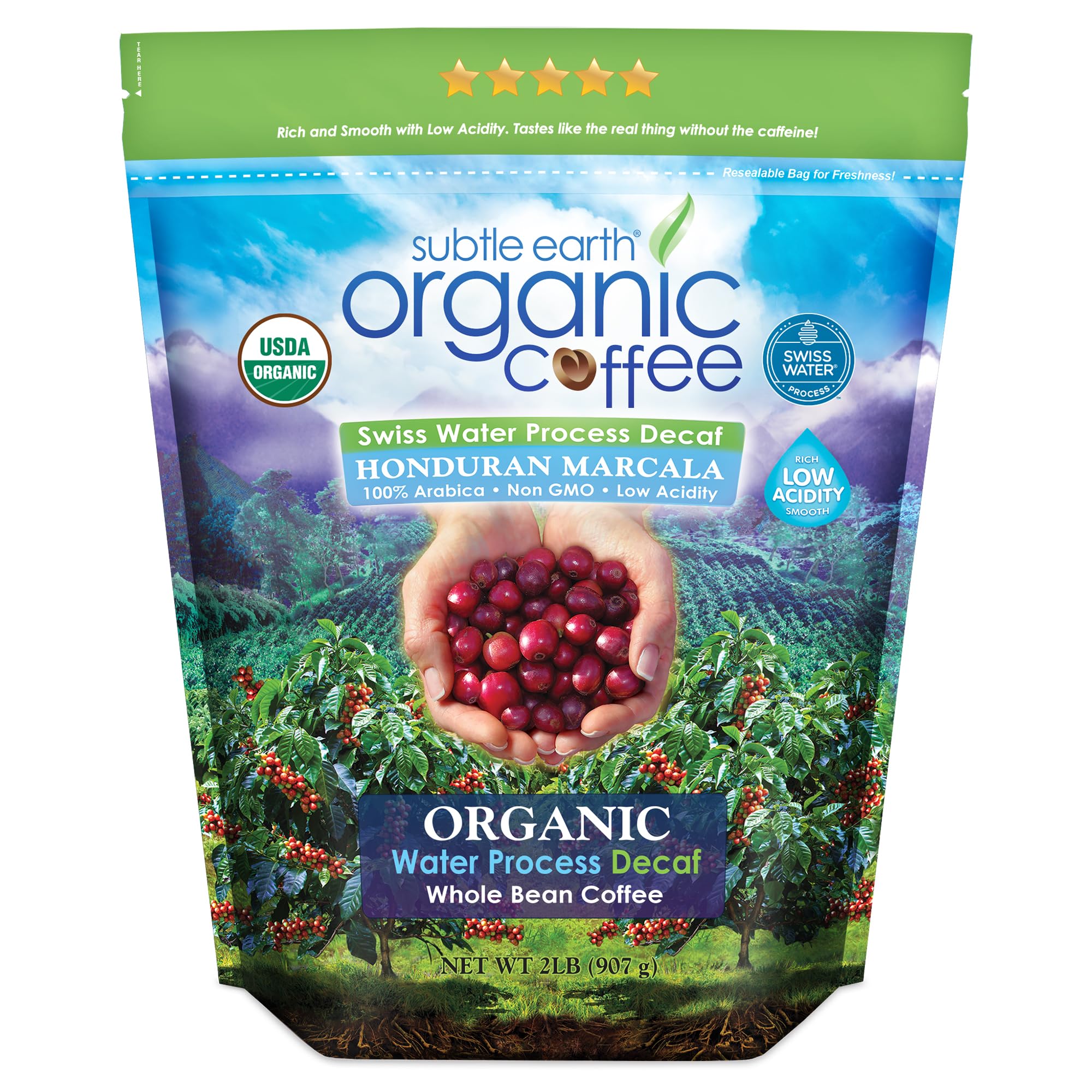Cafe Don Pablo front of bag showing organic decaf branding and 2lb size benefits