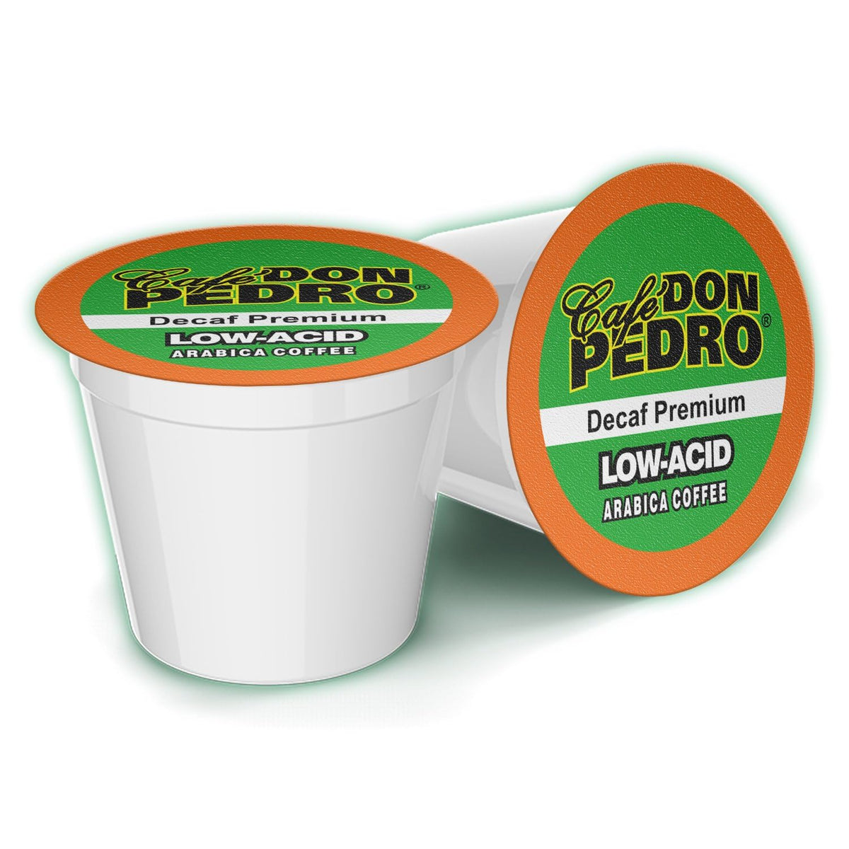 Cafe Don Pedro front packaging showing 72 low acid k-cups and benefit of gentler coffee