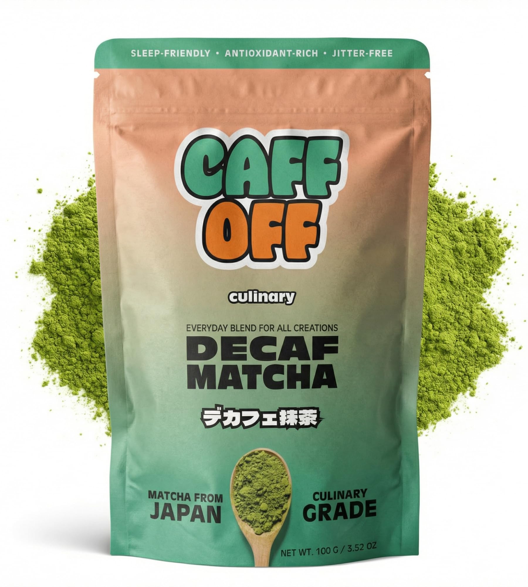 Caff Off front pouch showing packaging and net weight, clear product identity and quality